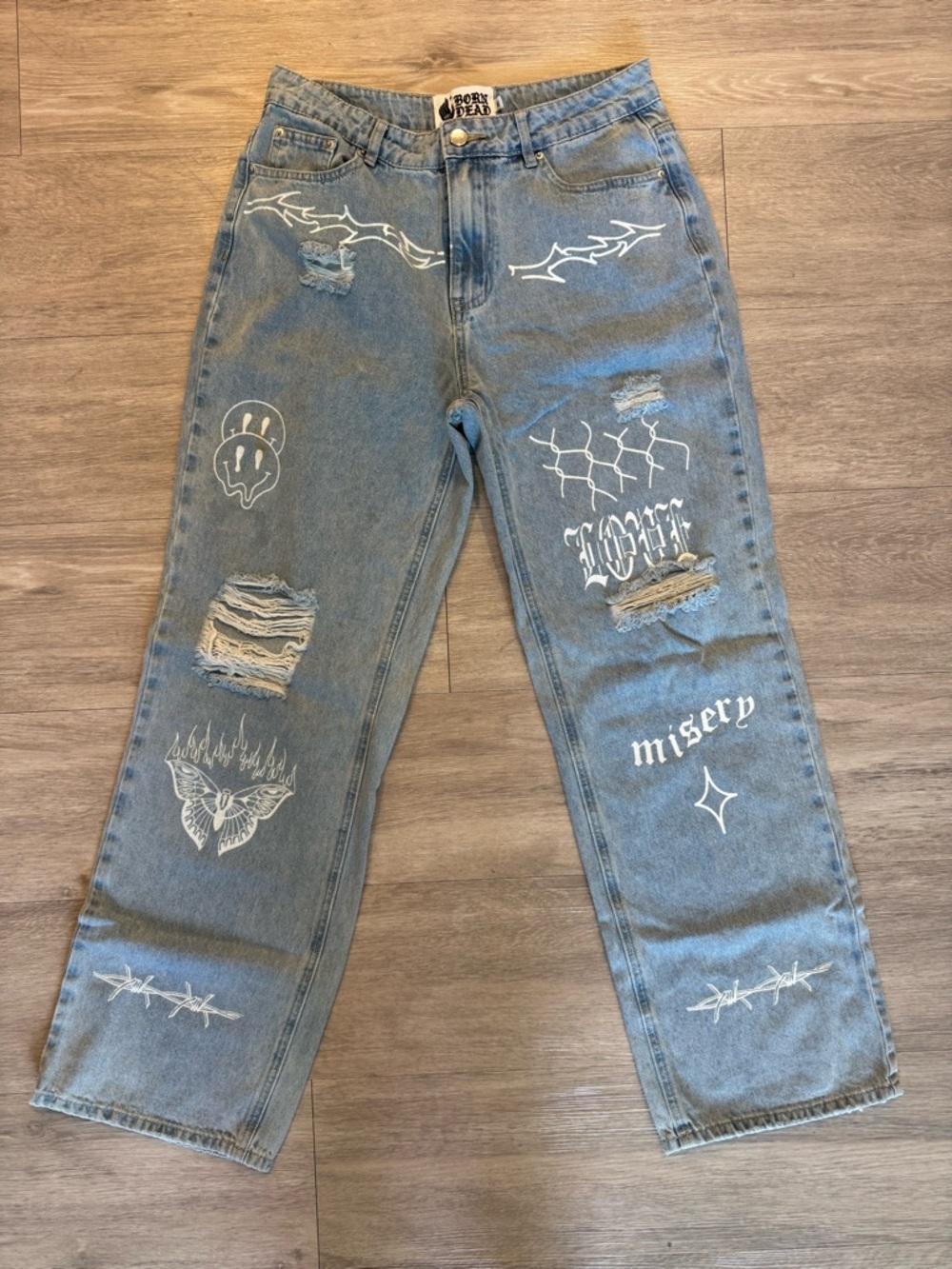 Born Dead Graphic Distressed Straight Men’s Jeans - Blue